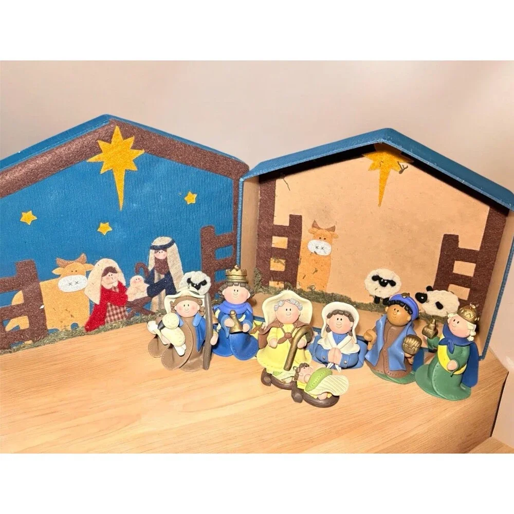 Set of 7, Nativity Christmas Bakelite Figure Ornaments in Decorated Box, PO-VG++